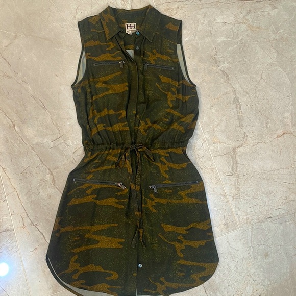 Haute Hippie Camo Dress tunic adjustable waist hidden buttons viscose size xs - Picture 3 of 10
